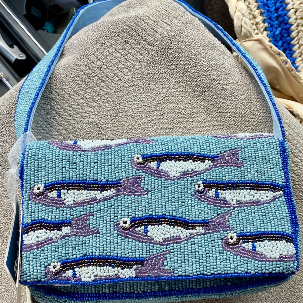 Artisan Viral Sardine Beaded Fish Shoulder Bag - Blue NWT